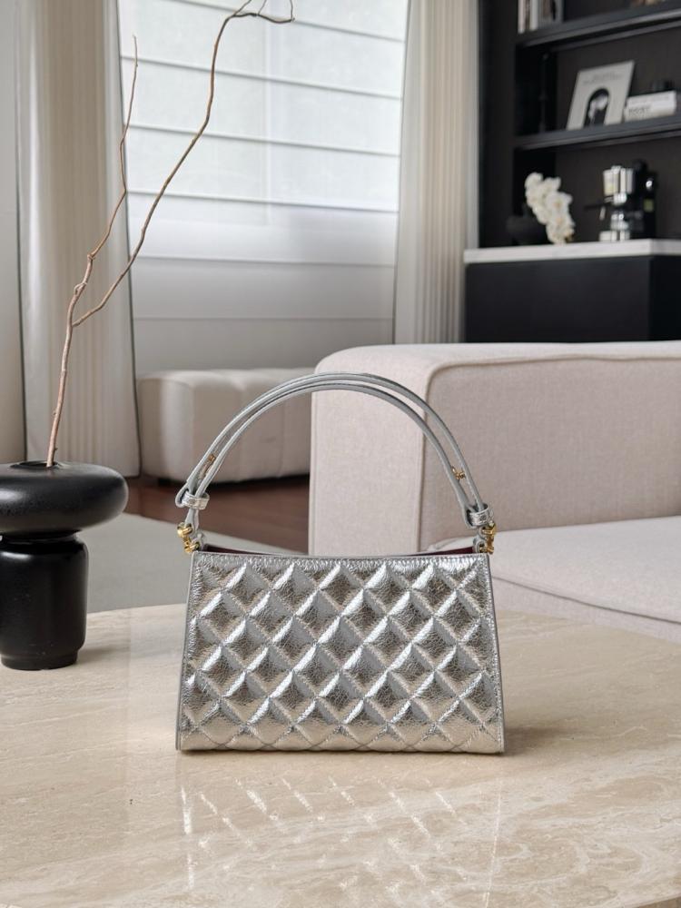 Chanel 26P Silver Quilted Leather Shoulder Bag – Double Straps