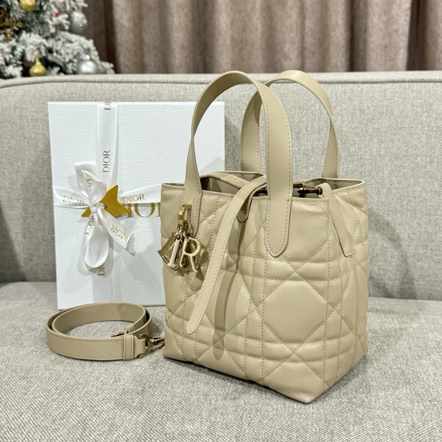 Small Dior Toujours Vertical Tote Bag Powder Beige Macrocannage Calfskin
