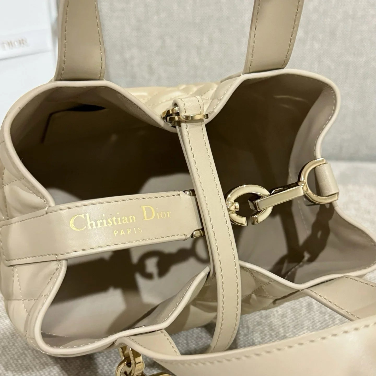 Small Dior Toujours Vertical Tote Bag Powder Beige Macrocannage Calfskin