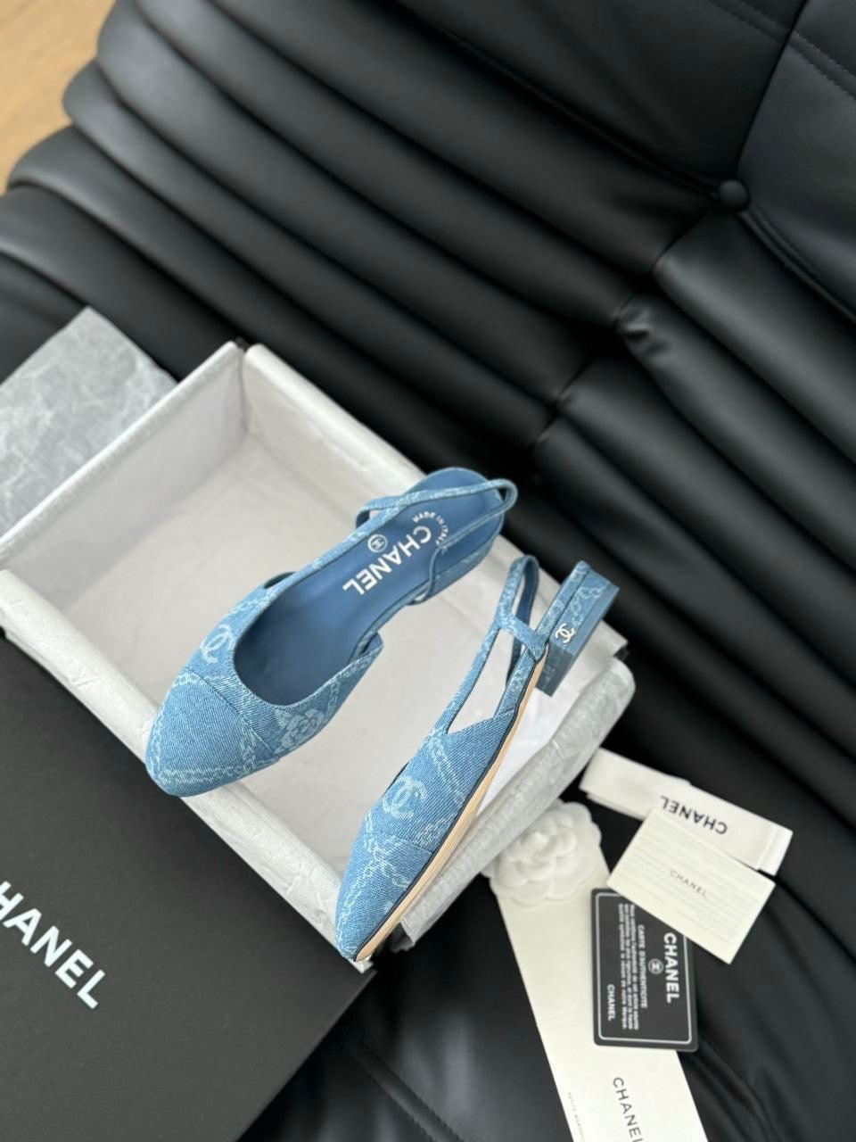 Chanel Denim Kap Burunlu Denim Topuktan Bağlamalı Sırtı Açık Ayakkabı - Glimmer of Luxury
