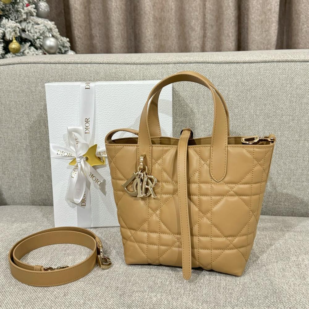 Small Dior Toujours Vertical Tote Bag Powder Beige Macrocannage Calfskin