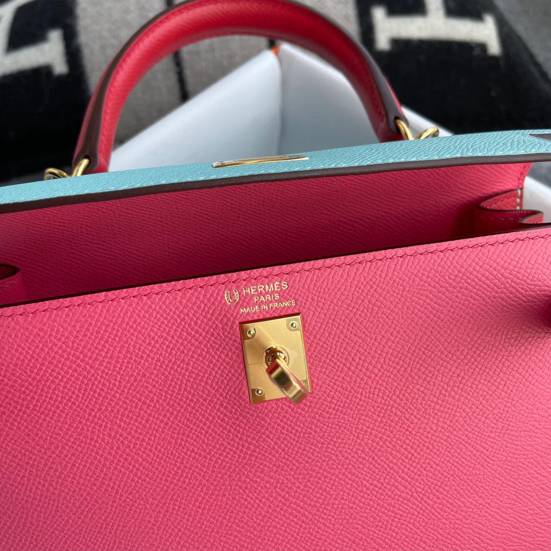 Hermès Kelly 25 Epsom Deri At Nalı Damgası (HSS) Pembe Azali̇ & Kırmızı Ceket ve Altın Donanımlı Mavi Atol (GHW) - Glimmer of Luxury