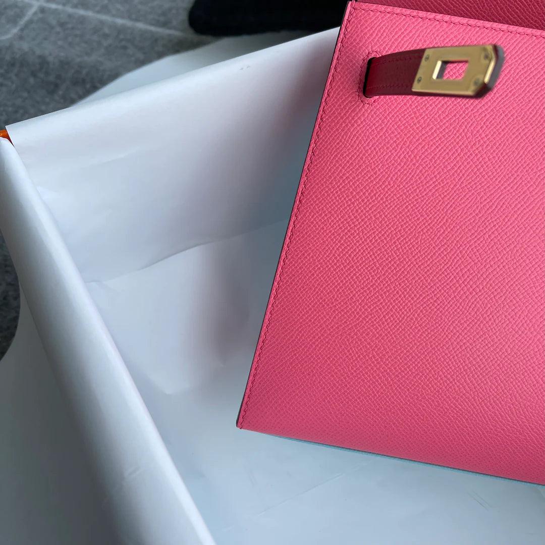 Hermès Kelly 25 Epsom Deri At Nalı Damgası (HSS) Pembe Azali̇ & Kırmızı Ceket ve Altın Donanımlı Mavi Atol (GHW) - Glimmer of Luxury