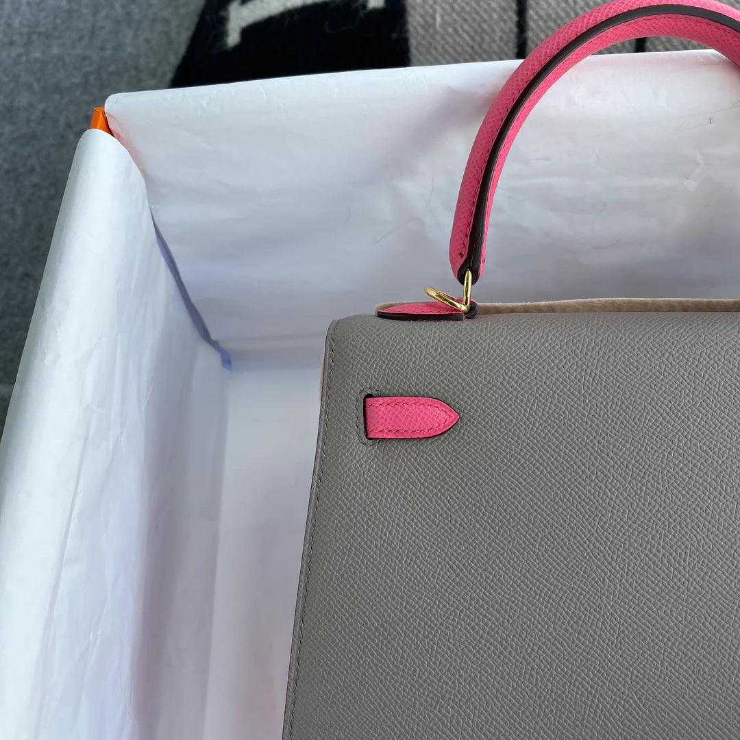 Hermès Kelly 25 Epsom Deri At Nalı Damgası (HSS) İki Renkli Asfalt Grisi ve Altın Donanımlı Açelya Gülü (GHW) - Glimmer of Luxury
