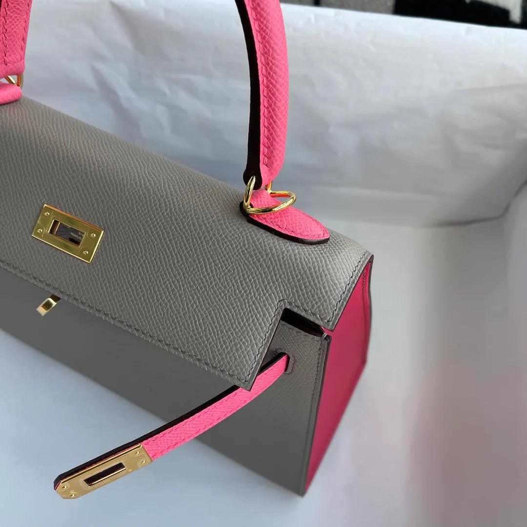 Hermès Kelly 25 Epsom Deri At Nalı Damgası (HSS) İki Renkli Asfalt Grisi ve Altın Donanımlı Açelya Gülü (GHW) - Glimmer of Luxury