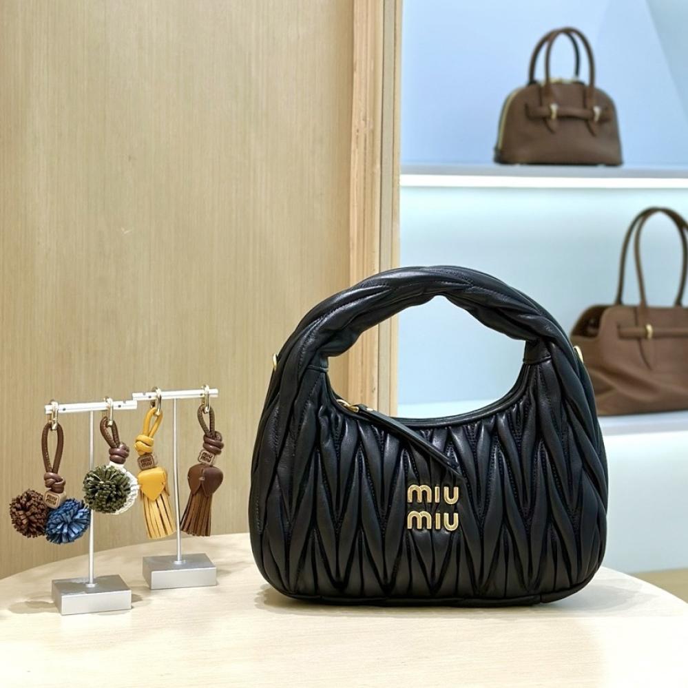 Miu Miu Wander Matelassé Black Napa Leather Hobo Small Women's Handbag