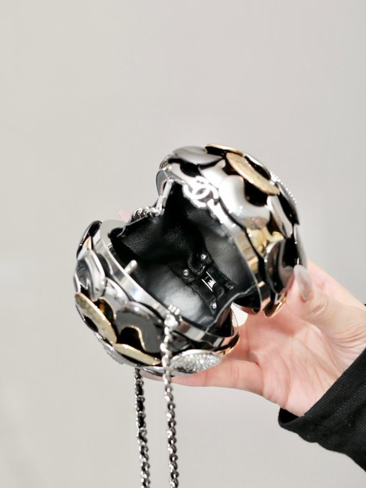 Chanel 24A Metallic Crystal Silver Camellia Ball Shaped Miniature