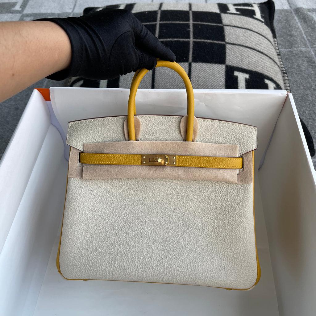Hermès Birkin 25 Togo Deri At Nalı Kaşesi (HSS) İki Renkli Tebeşir ve Kehribar Sarı Fırçalanmış Altın Donanımlı (BGHW) - Glimmer of Luxury