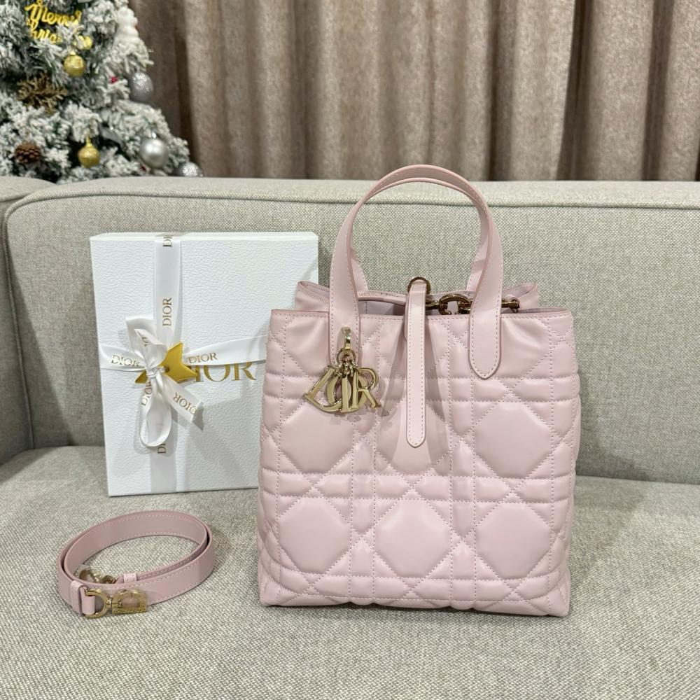 Small Dior Toujours Vertical Tote Bag Powder Beige Macrocannage Calfskin