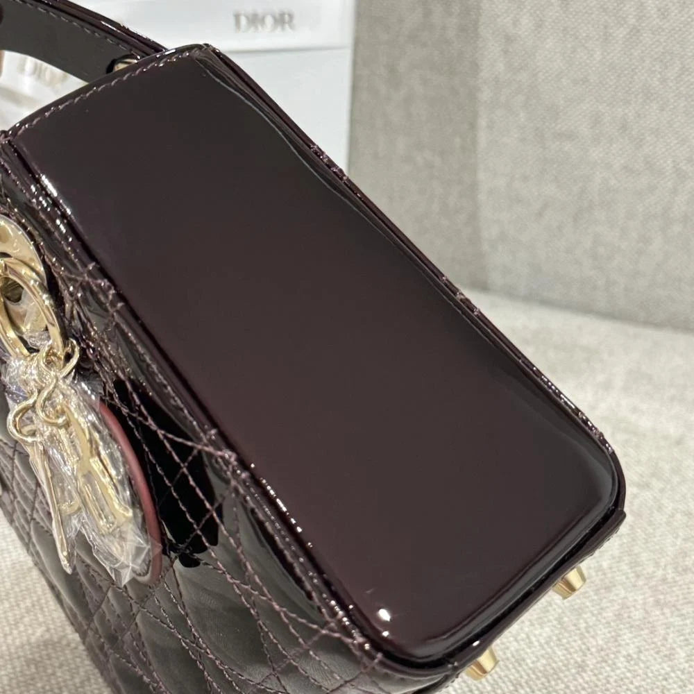 Dior Lady Mini Patent Leather Claret Red Bag 