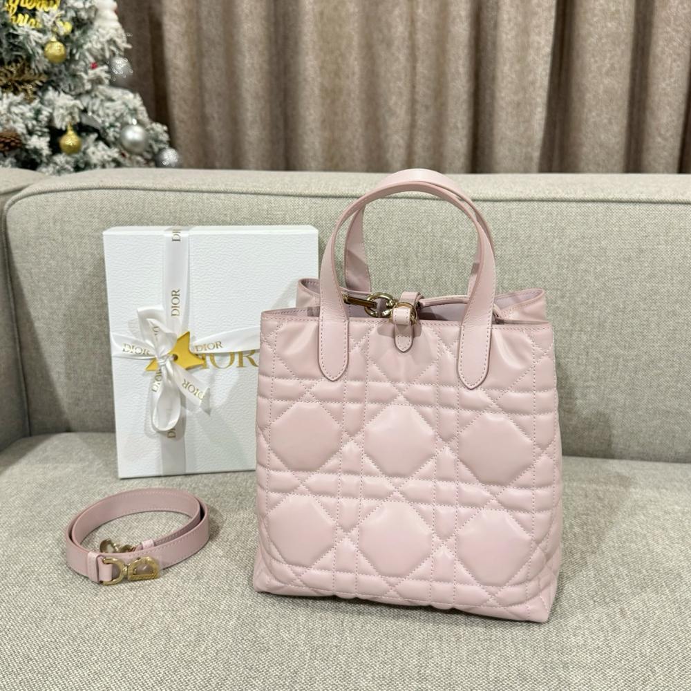 Small Dior Toujours Vertical Tote Bag Powder Beige Macrocannage Calfskin