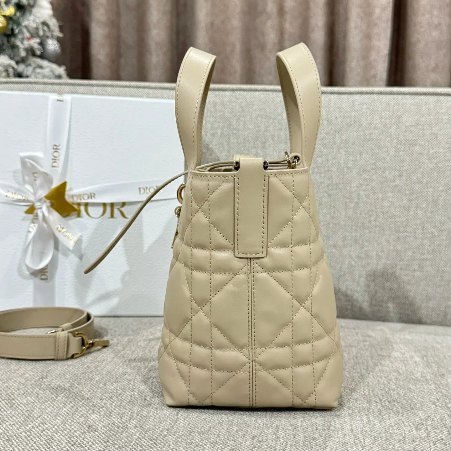 Small Dior Toujours Vertical Tote Bag Powder Beige Macrocannage Calfskin