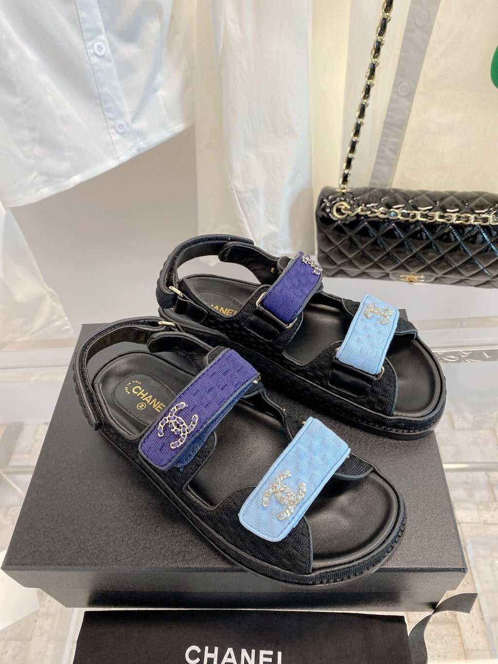 Chanel Çoklu Renk Siyah Örme Kumaş Baba Sandalet - Glimmer of Luxury