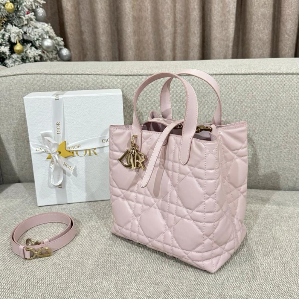 Small Dior Toujours Vertical Tote Bag Powder Beige Macrocannage Calfskin