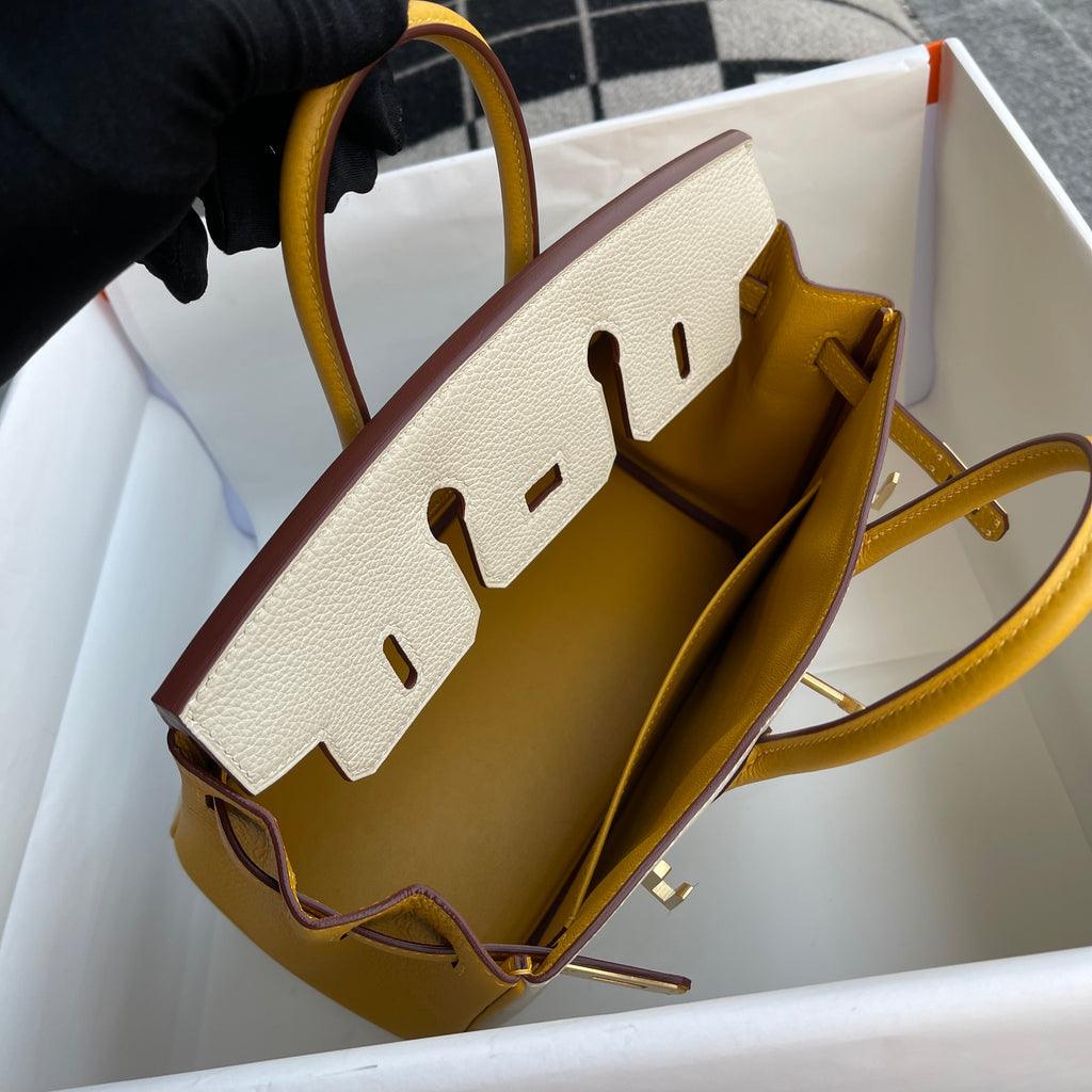 Hermès Birkin 25 Togo Deri At Nalı Kaşesi (HSS) İki Renkli Tebeşir ve Kehribar Sarı Fırçalanmış Altın Donanımlı (BGHW) - Glimmer of Luxury