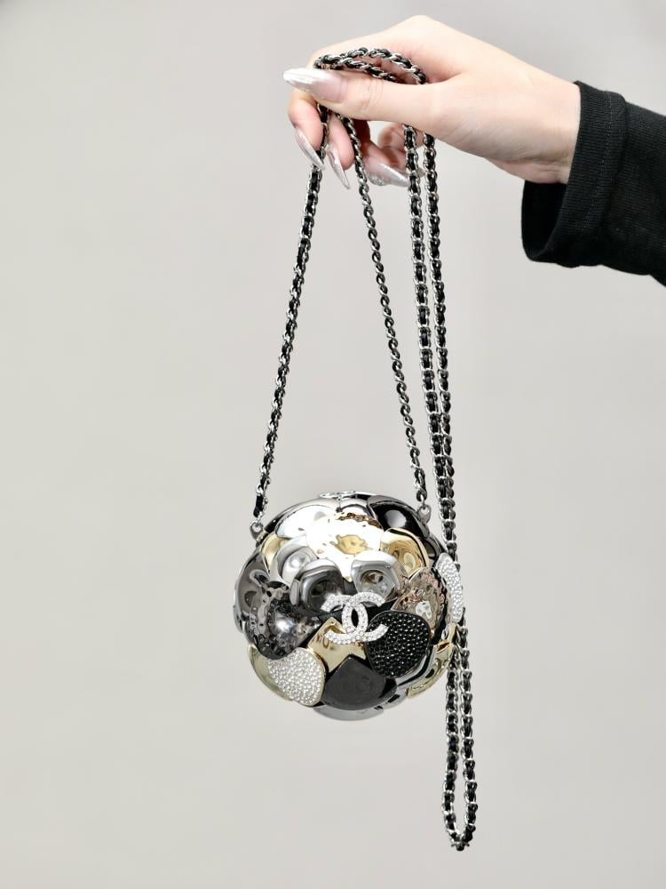 Chanel 24A Metallic Crystal Silver Camellia Ball Shaped Miniature