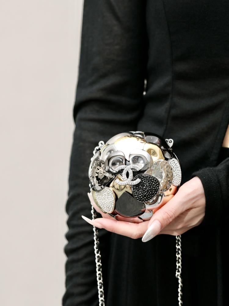 Chanel 24A Metallic Crystal Silver Camellia Ball Shaped Miniature