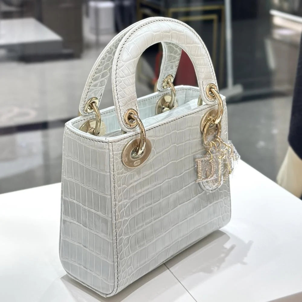 Dior Lady Mini Crocodile Skin White Bag