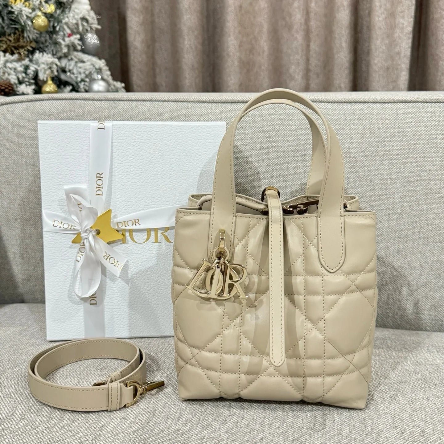 Small Dior Toujours Vertical Tote Bag Powder Beige Macrocannage Calfskin