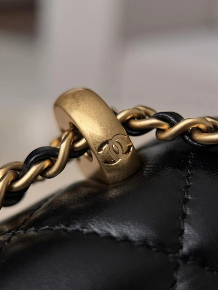 Chanel Mini Çift إنسي إزميسي 22cm جلد بقر أسود GHW