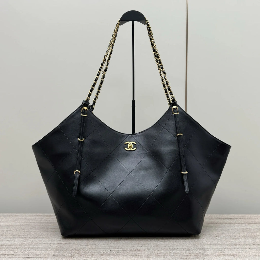 Maxi Alışveriş Çantası Dana Derisi ve Altın Tonlu Metal Siyah - Glimmer of Luxury