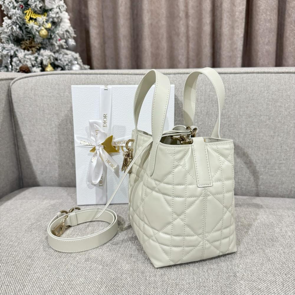 Small Dior Toujours Vertical Tote Bag Powder Beige Macrocannage Calfskin