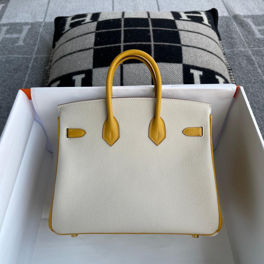 Hermès Birkin 25 Togo Deri At Nalı Kaşesi (HSS) İki Renkli Tebeşir ve Kehribar Sarı Fırçalanmış Altın Donanımlı (BGHW) - Glimmer of Luxury
