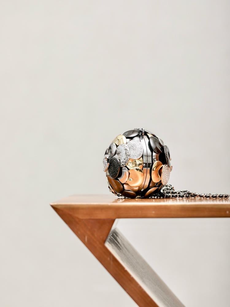 Chanel 24A Metallic Crystal Silver Camellia Ball Shaped Miniature