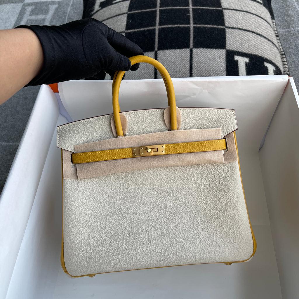 Hermès Birkin 25 Togo Deri At Nalı Kaşesi (HSS) İki Renkli Tebeşir ve Kehribar Sarı Fırçalanmış Altın Donanımlı (BGHW) - Glimmer of Luxury