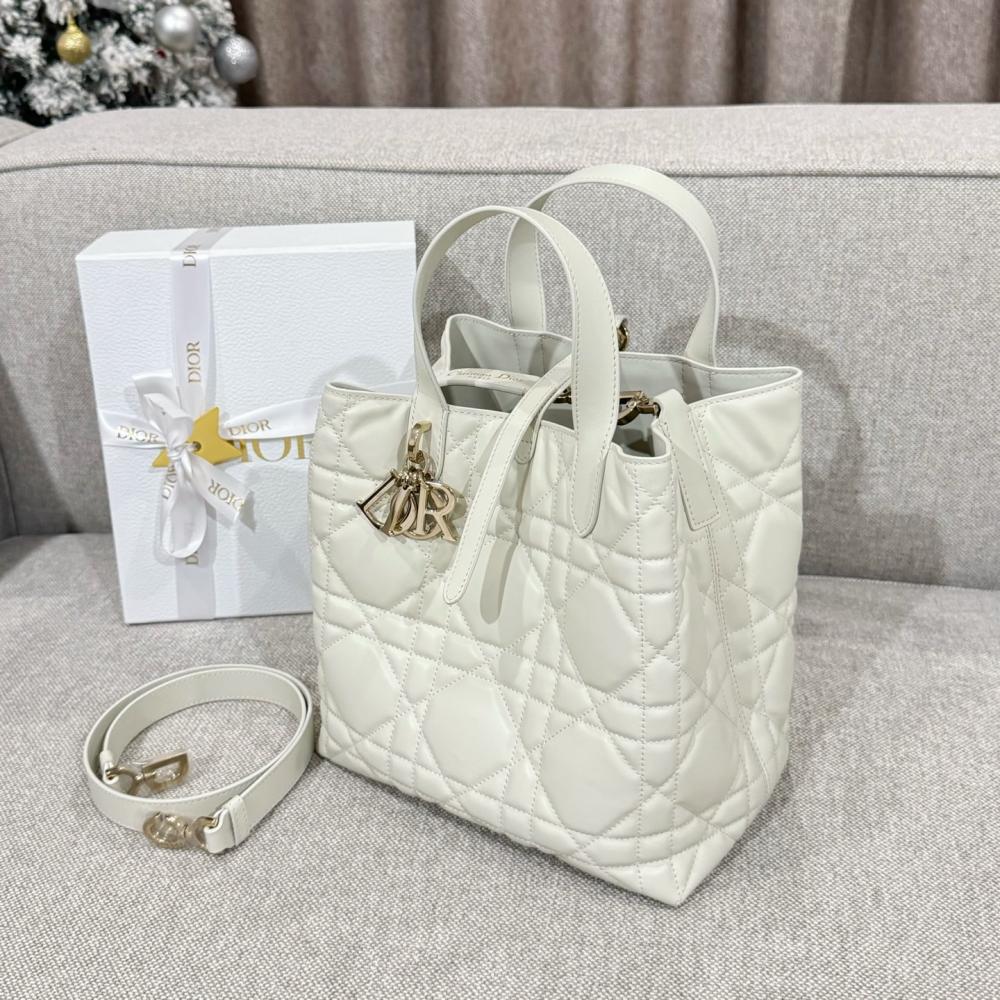 Small Dior Toujours Vertical Tote Bag Powder Beige Macrocannage Calfskin
