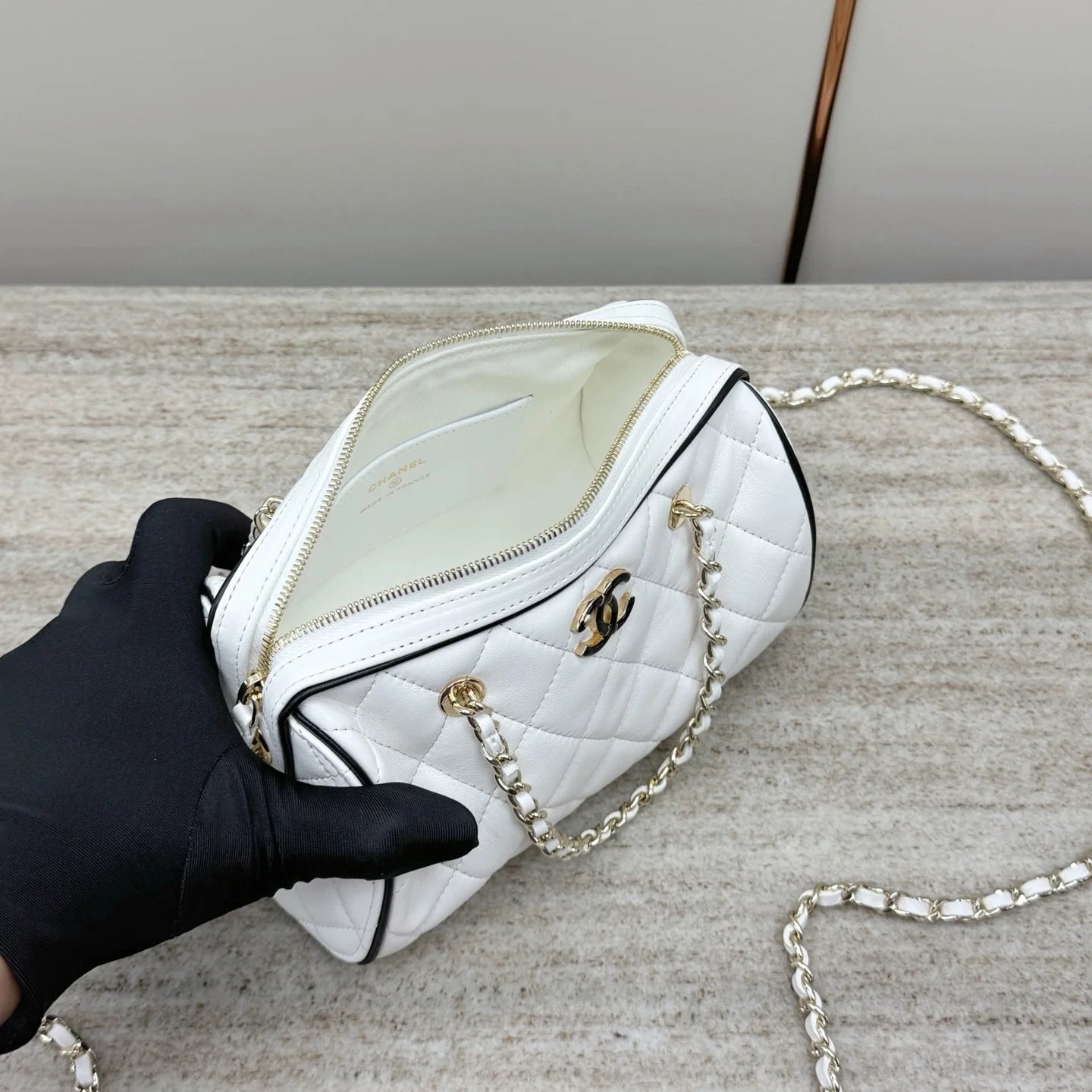 Chanel Mini Timeless Classic Barrel Bag Shiny Caviar Light Gold Hardware