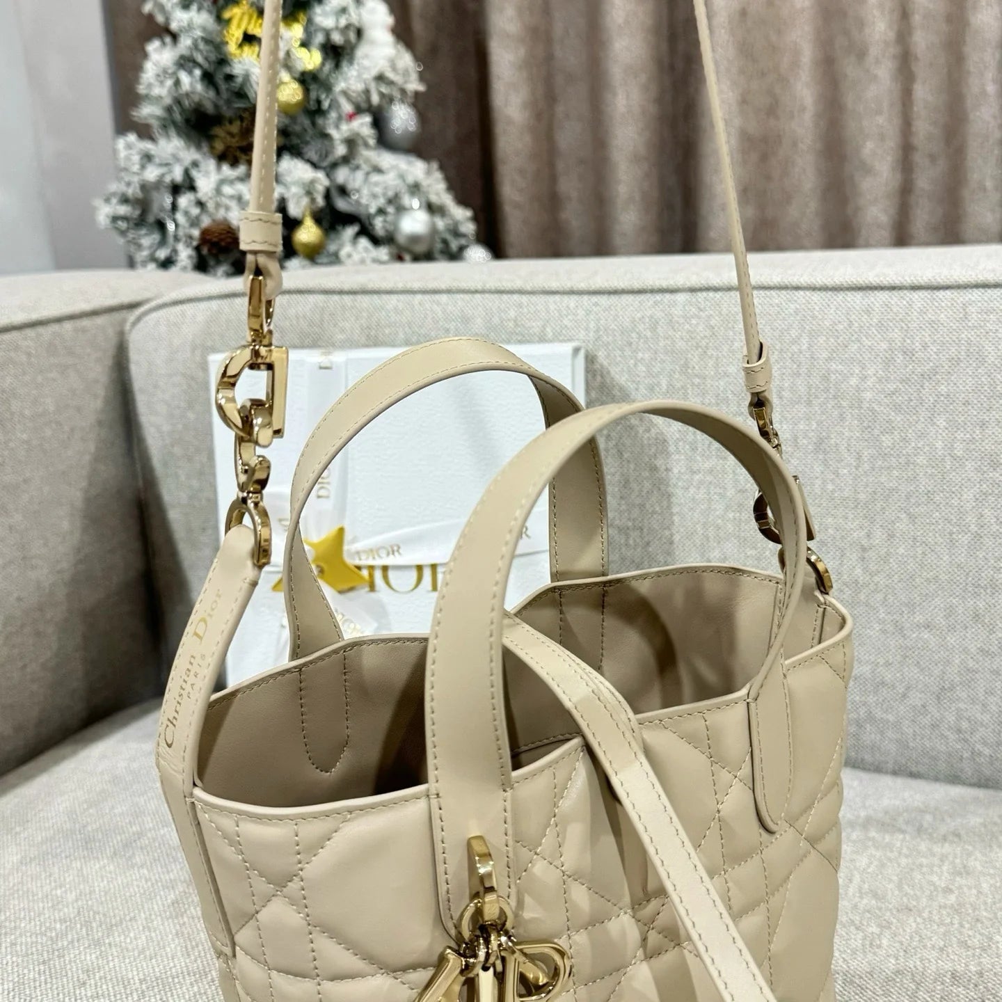 Small Dior Toujours Vertical Tote Bag Powder Beige Macrocannage Calfskin