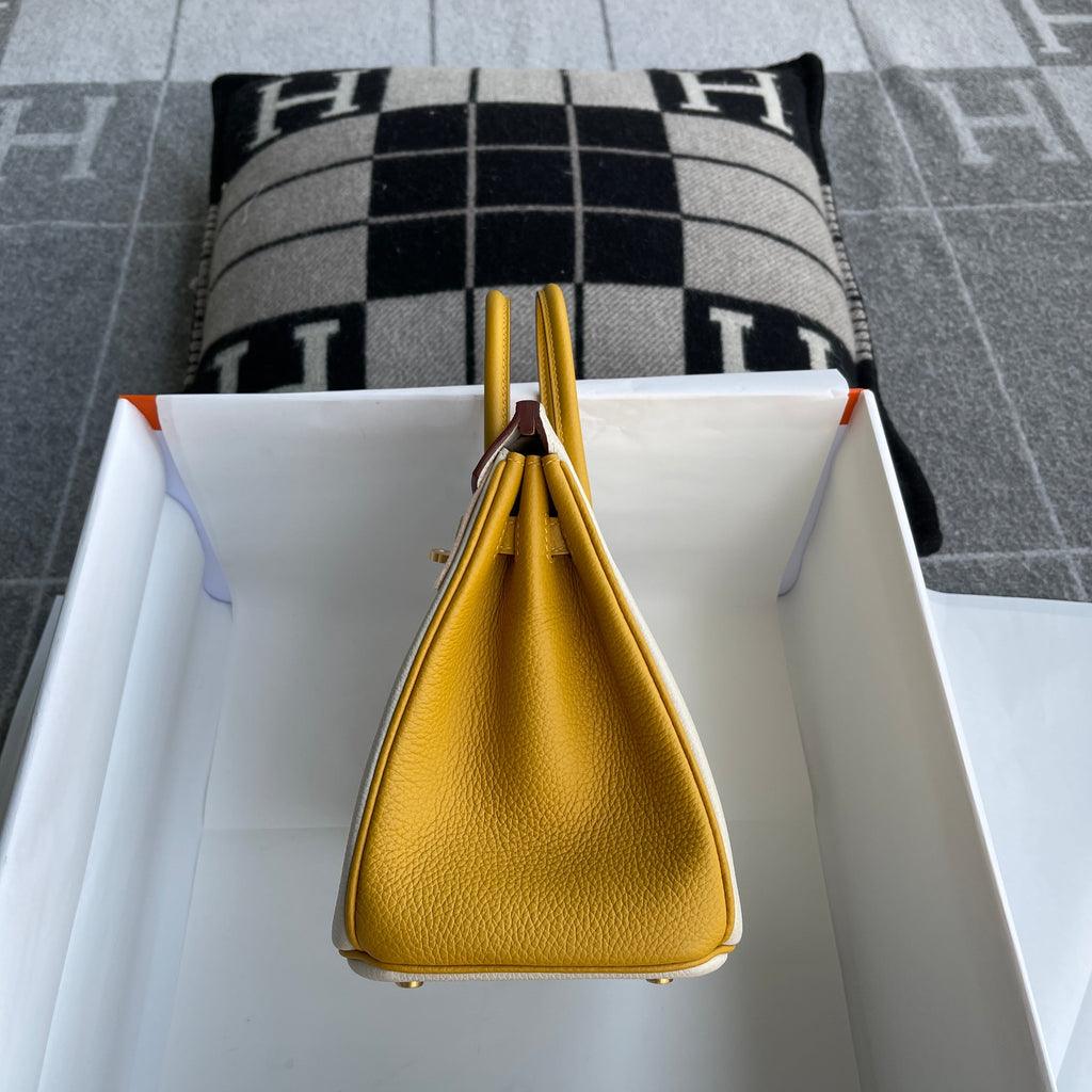 Hermès Birkin 25 Togo Deri At Nalı Kaşesi (HSS) İki Renkli Tebeşir ve Kehribar Sarı Fırçalanmış Altın Donanımlı (BGHW) - Glimmer of Luxury