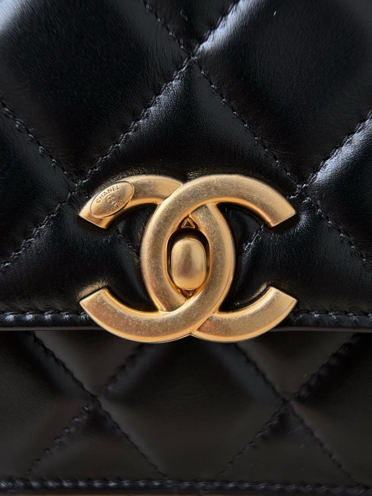 Chanel Mini Çift إنسي إزميسي 22cm جلد بقر أسود GHW