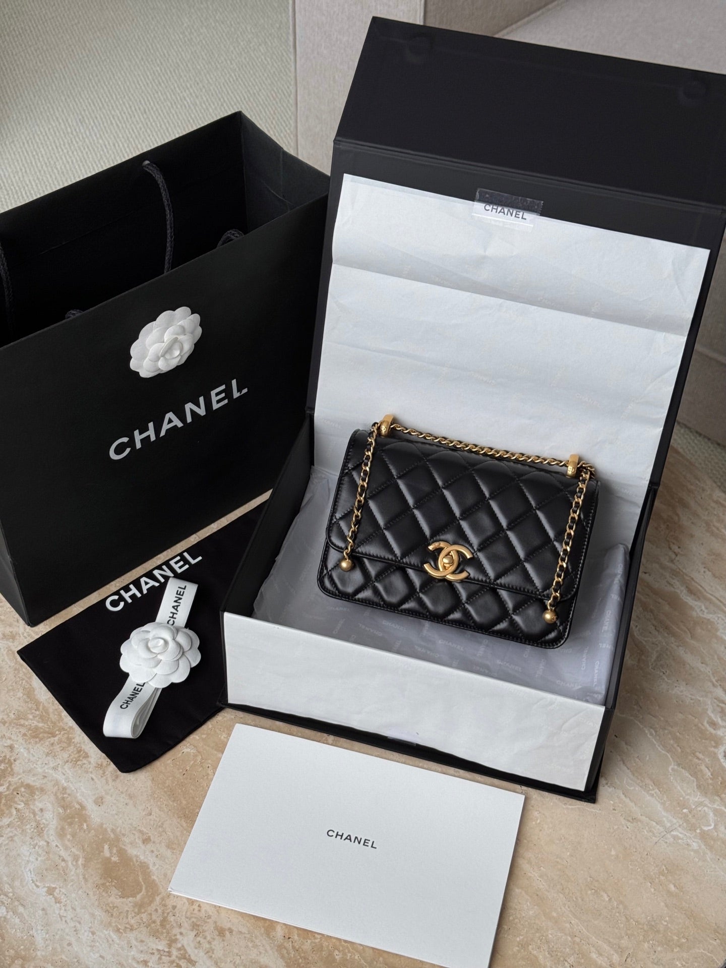 Chanel Mini Double Pearl Crushed 19cm Black Calfskin GHW