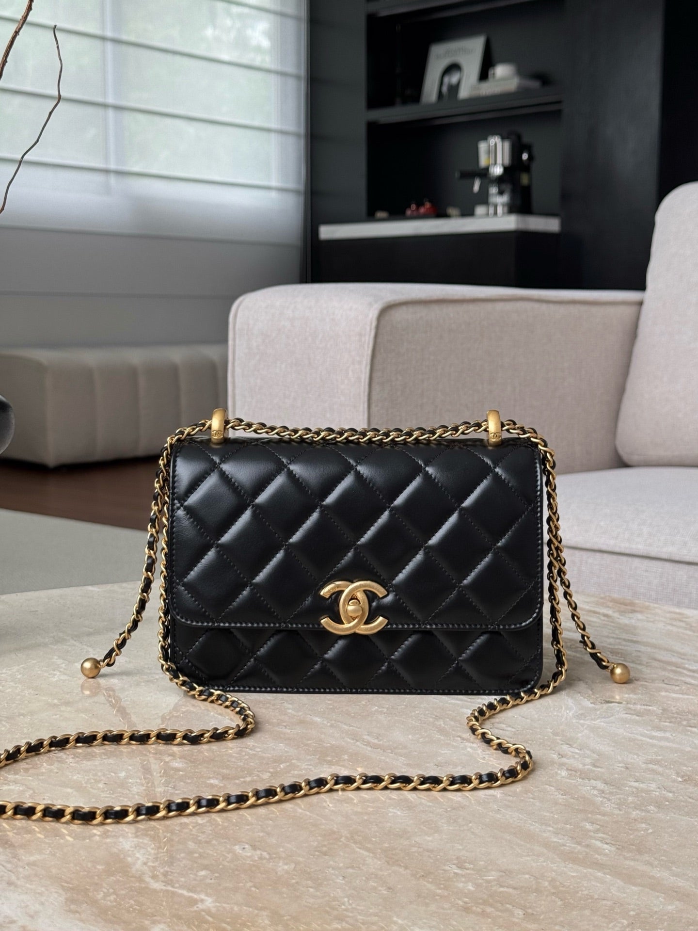 Chanel Mini Double Pearl Crushed 19cm Black Calfskin GHW