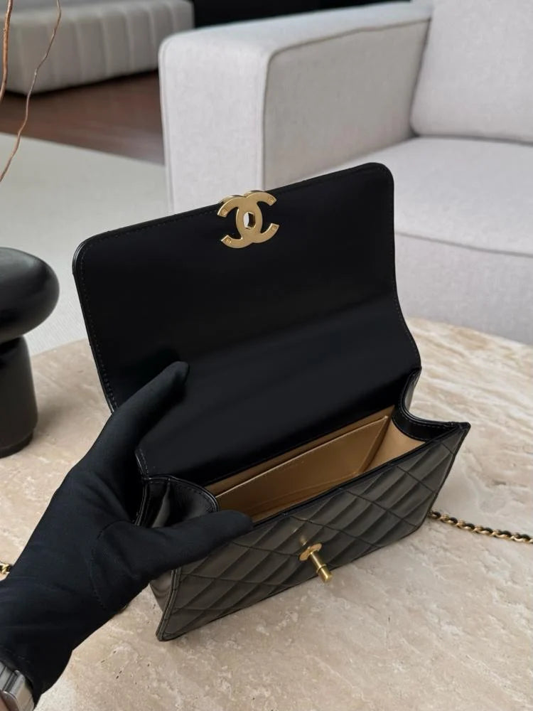 Chanel Mini Double Pearl Crushing 22cm Black Calfskin GHW