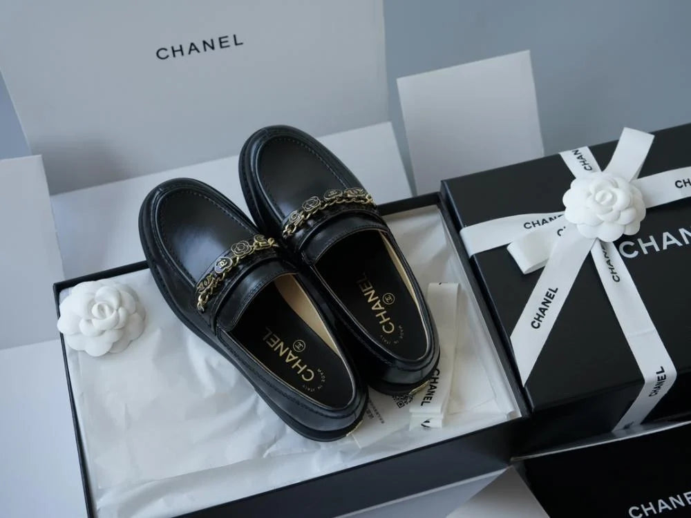 Chanel S25 CC Loafers Shiny Black Lambskin Shoes