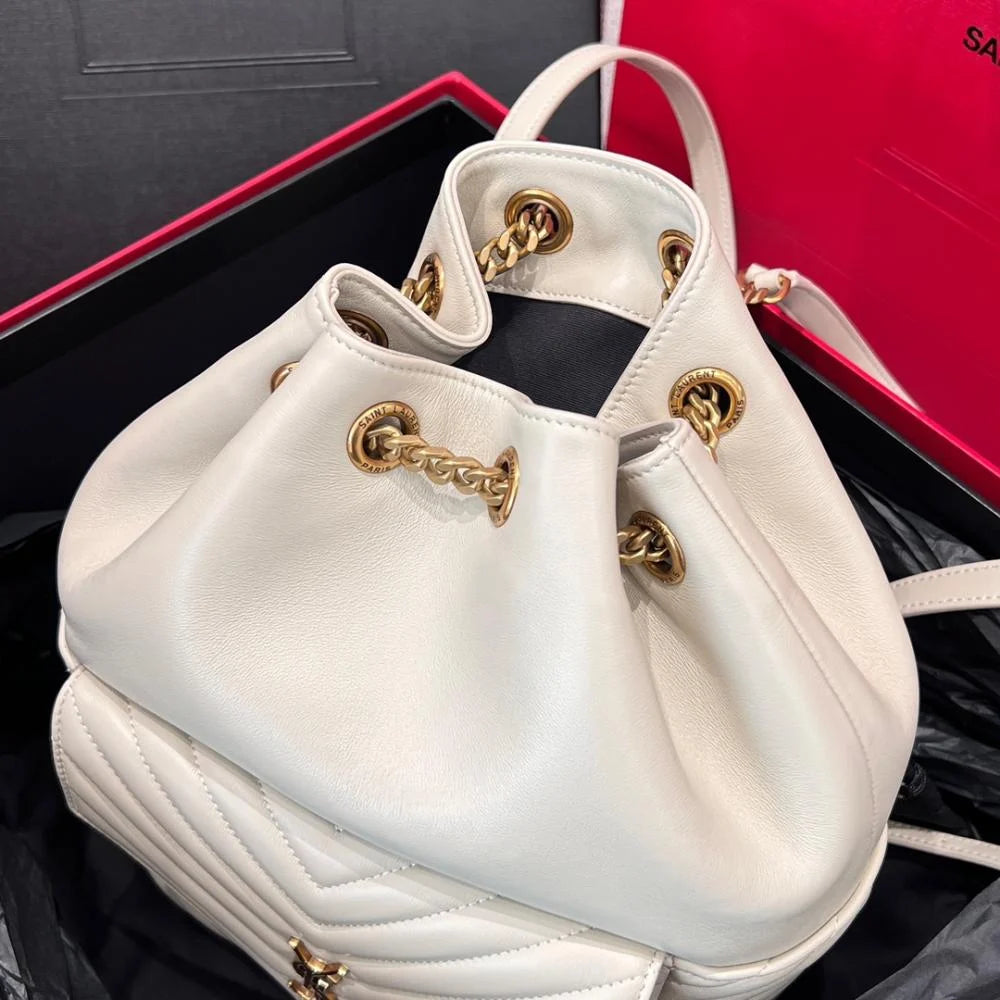 Saint Laurent Joe Quilted Logo Record Backpack Beige