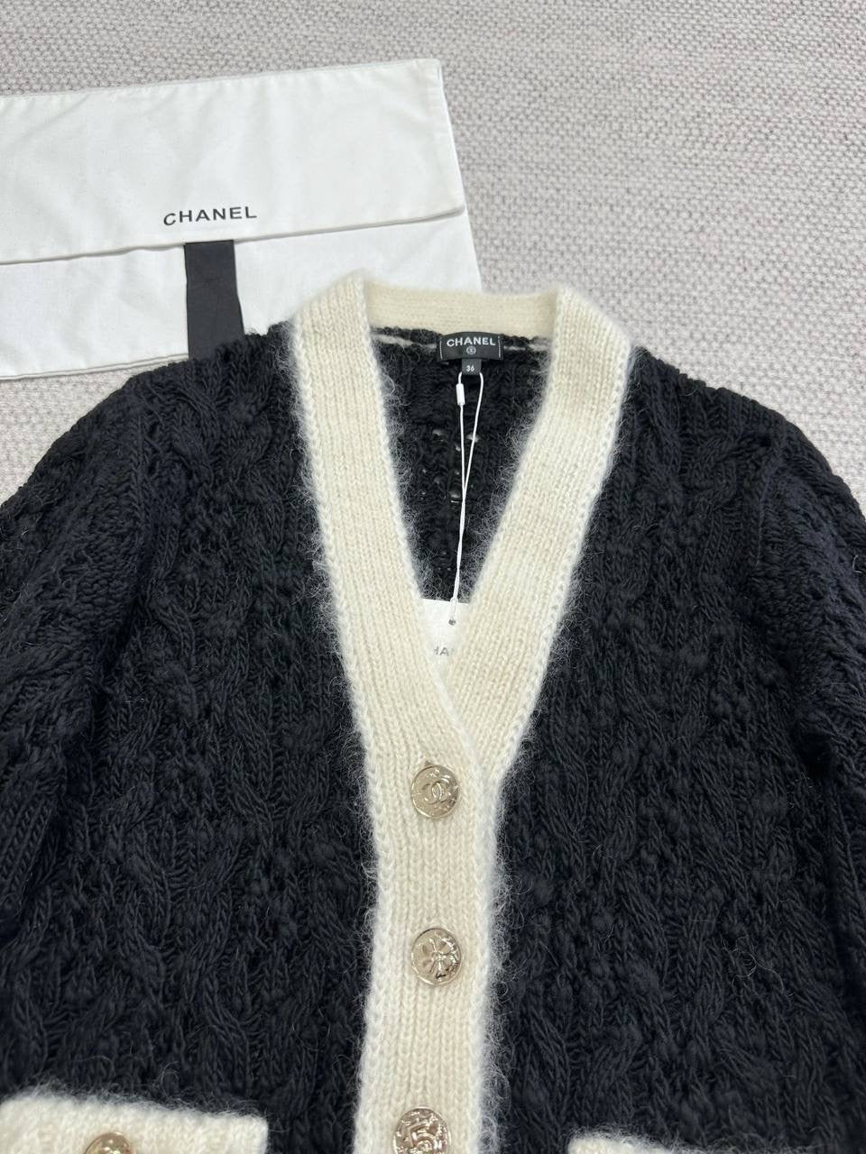 Chanel S25 Classic Black and White V-Neck Wool Cardigan