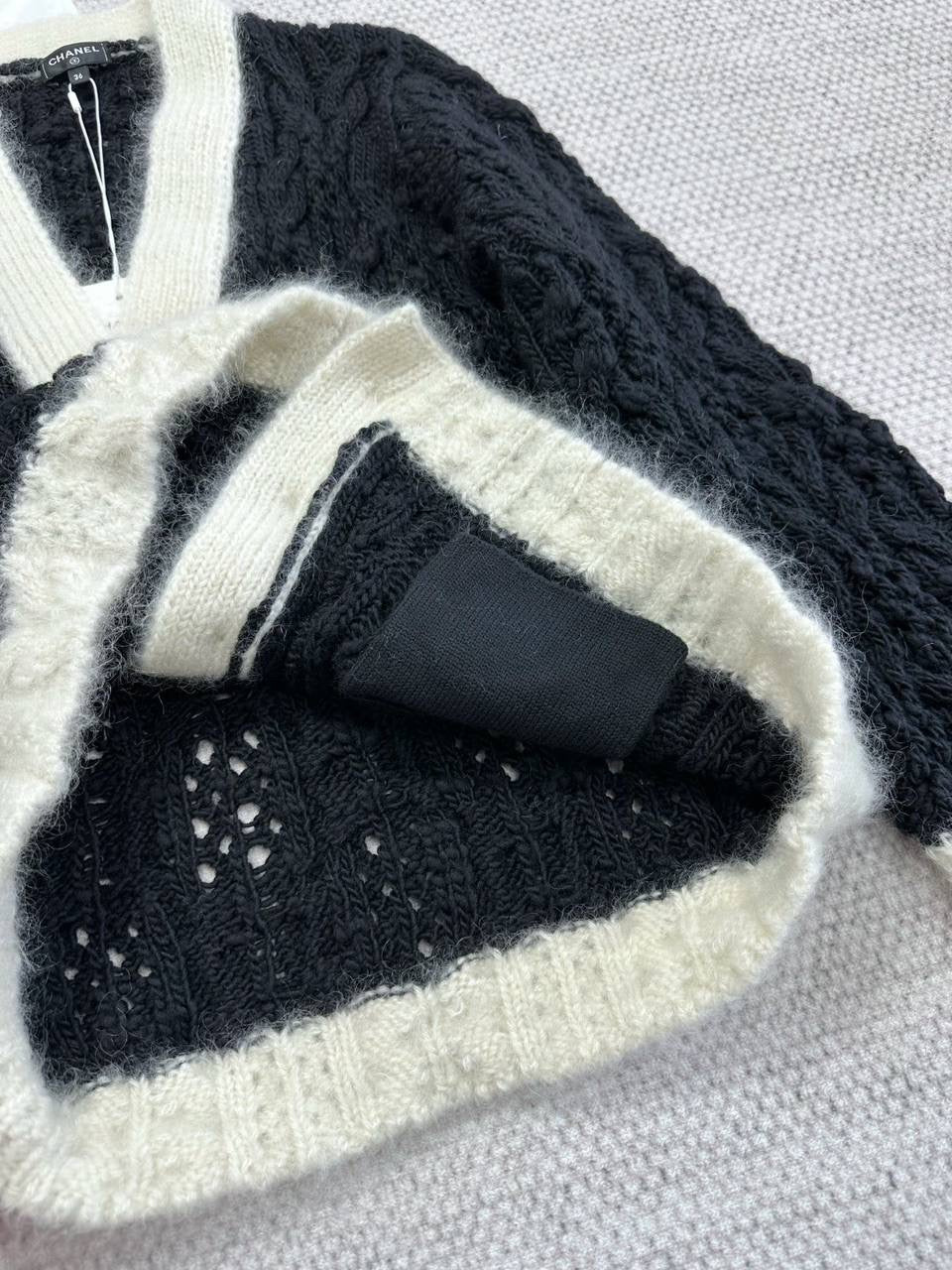 Chanel S25 Classic Black and White V-Neck Wool Cardigan