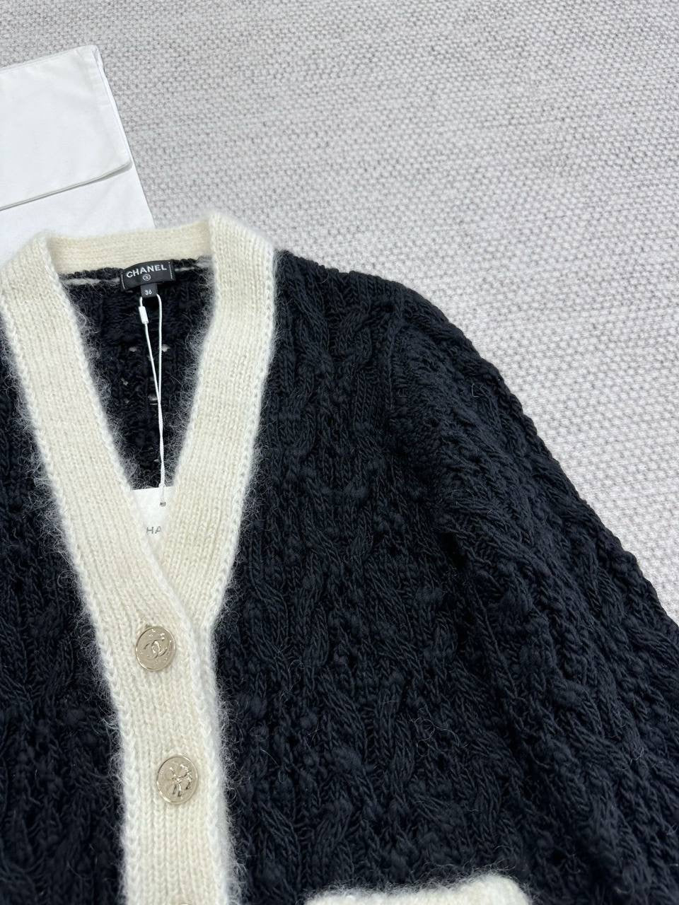 Chanel S25 Classic Black and White V-Neck Wool Cardigan