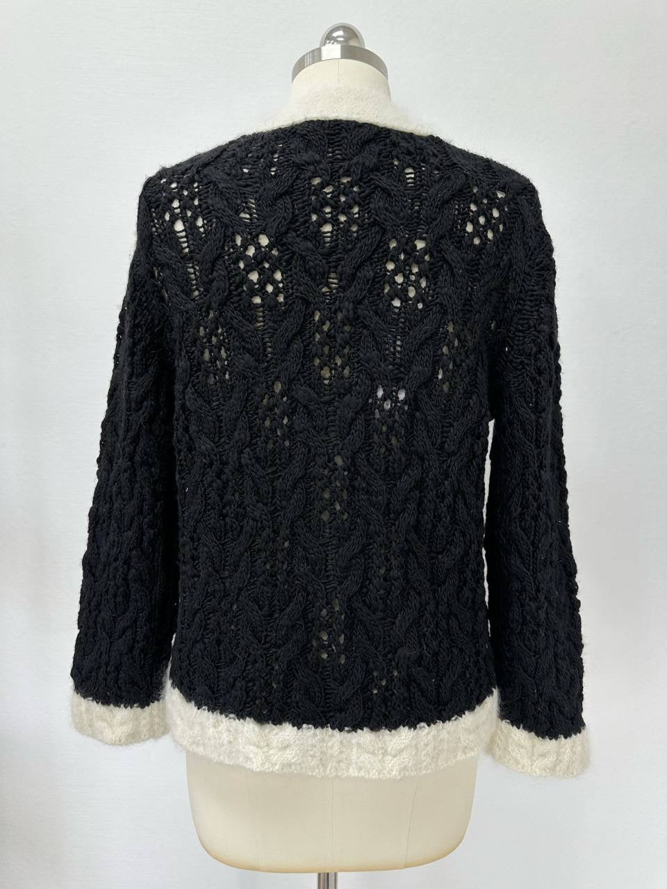 Chanel S25 Classic Black and White V-Neck Wool Cardigan