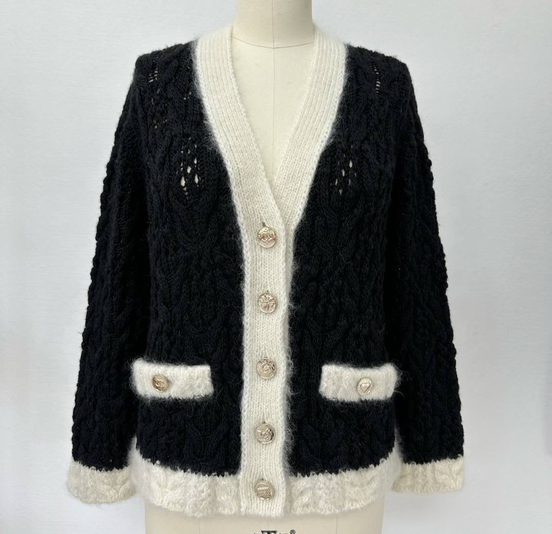Chanel S25 Classic Black and White V-Neck Wool Cardigan