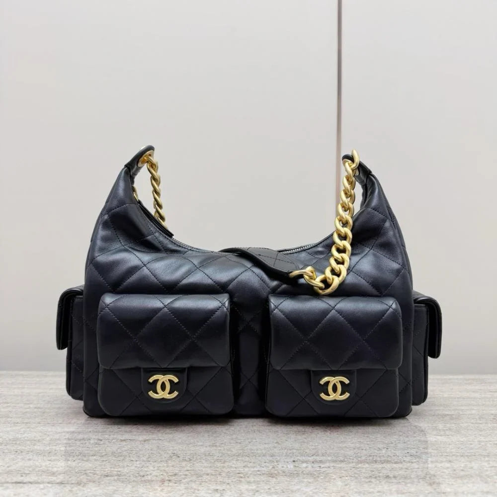 Chanel Büyük Hobo Kargo Çantası Dana Derisi Siyah GHW - Glimmer of Luxury