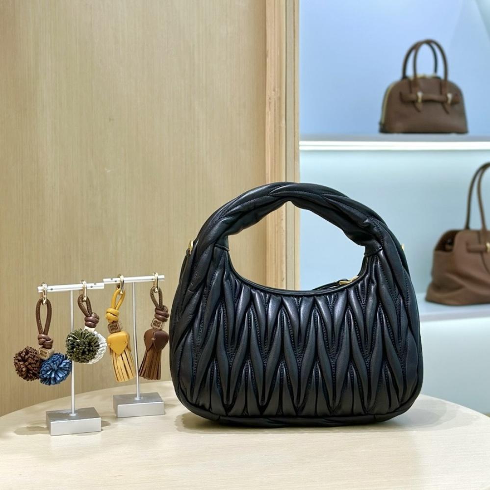Miu Miu Wander Matelassé Black Napa Leather Hobo Small Women's Handbag