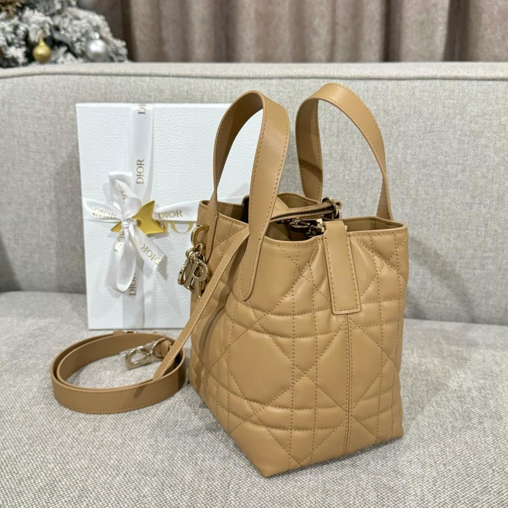 Small Dior Toujours Vertical Tote Bag Powder Beige Macrocannage Calfskin