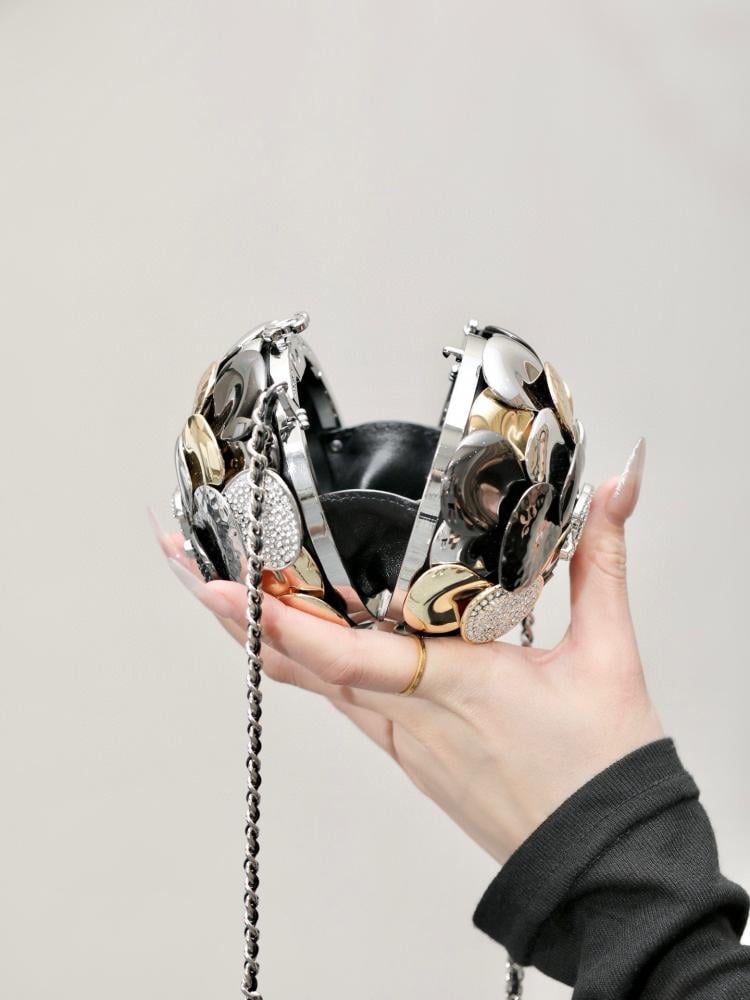 Chanel 24A Metallic Crystal Silver Camellia Ball Shaped Miniature