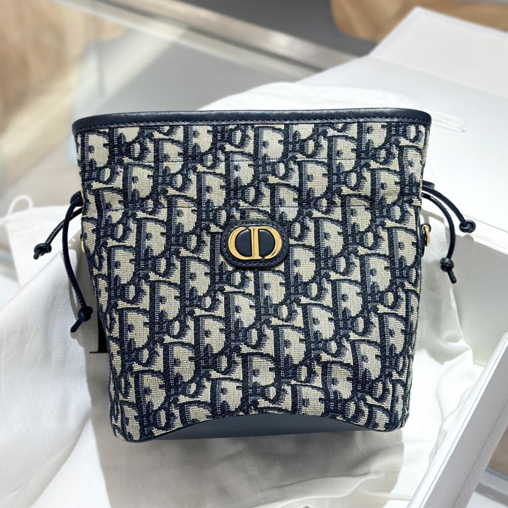 Dior Navy Blue Fabric 30 Montaigne Lace-Up Mini Bucket Bag