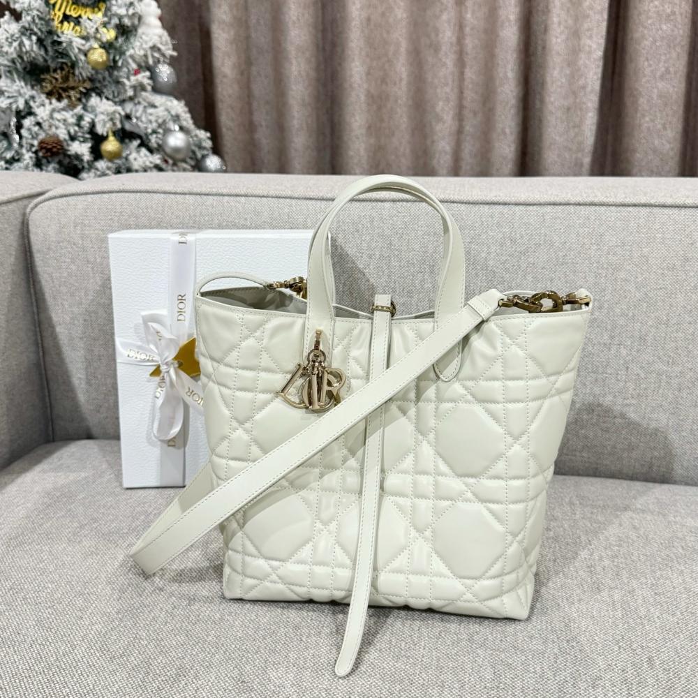 Small Dior Toujours Vertical Tote Bag Powder Beige Macrocannage Calfskin